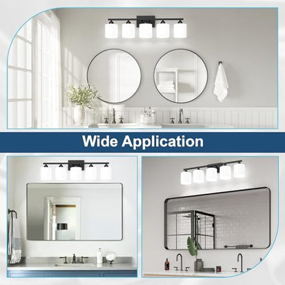 Black Bathroom Lighting Fixtures Over Mirror, 5-Light Anti-Rust Vanity Light for Bathroom, 28.34Inches Modern Wall Sconce, Standard E26 Base, Milky White Glass Shades, Bulbs Not Included - color: Black-5Light