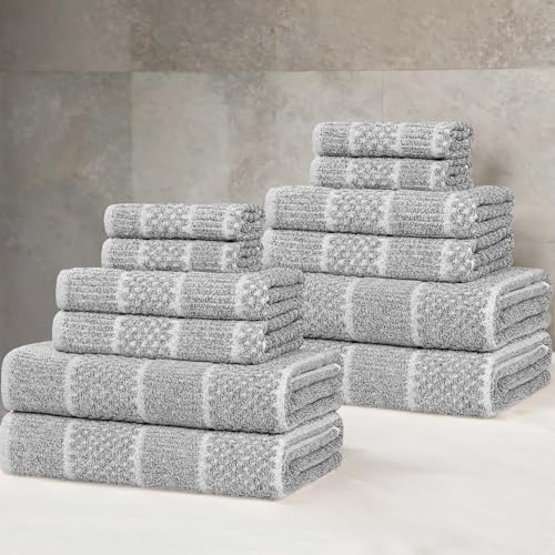 Superior Naples Viscose Cotton Blend Medium Weight Towels, for Bathroom, Shower, Spa, Plush, Quick Dry, Ultra-Soft Towels, Bath Essentials, Ribbed Design, 12 Piece Assorted Towel Set, Charcoal - color: Charcoal, size: 12 Piece Towel Set