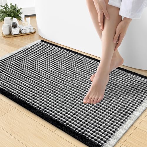 Smiry Waffle Bath Mat 30X18, Soft Absorbent Bathroom Rugs, Black & Cream | Non Slip Machine Washable Quick Dry Bath Rugs for Bathroom Floor, Tub, Shower, Home Decor Accessories - color: Black & Cream, size: 30'' X 18''