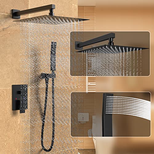 Black Rain Shower System Faucet Set with Handheld, 10 inch | Solid Metal Wall Mount Rainfall Shower Set with Safe Anti-Scald Valve, Air Injection High Pressure Water Saving Combo - color: Matte Black, style: 10in without Tub spout