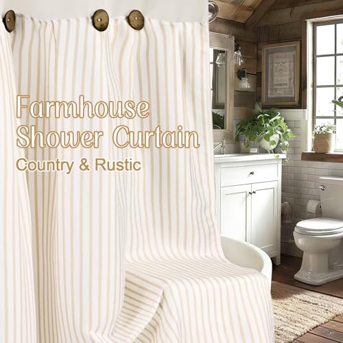 ASPMIZ Farmhouse Striped Shower Curtain and Liner Set No Hook, Beige 71x86 | No Hook Shower Curtain with Snap in Liner Fabric, Rustic Washable Waterproof Bathroom Curtains with Button, Mesh Top Window - color: Beige Striped, size: 71"W x 86"L (Pack of 1),
