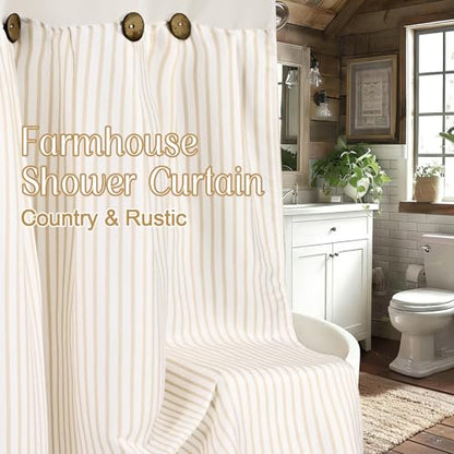 ASPMIZ Farmhouse Striped Shower Curtain and Liner Set No Hook, Beige 71x86 | No Hook Shower Curtain with Snap in Liner Fabric, Rustic Washable Waterproof Bathroom Curtains with Button, Mesh Top Window - color: Beige Striped, size: 71"W x 86"L (Pack of 1),