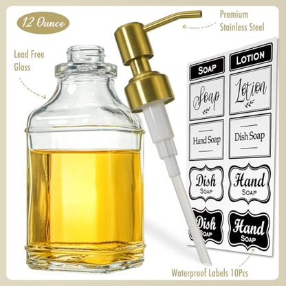 JASAI Antique Square Glass Soap Dispenser with Golden Rust Proof Pump, Refillable soap Dispenser with 10Pcs Stickers for Kitchen, Dish Soap Dispenser for Kitchen Bathroom Soap, Hand soap, Lotion. | Refillable Kitchen Soap Dispenser with Stainless Steel, D