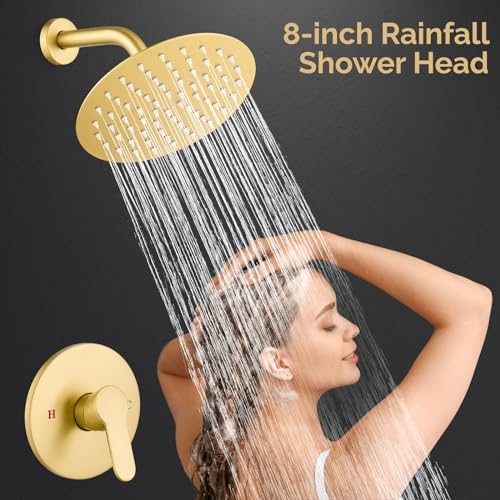 Airuida Shower Faucet Set,8 Inch Brushed Gold Shower Trim Kit | Round Rainfall Shower Head,Single Handle,Male Threads Rough-in Valve,Wall Mount Bathroom System - color: Gold, size: 8 Inch