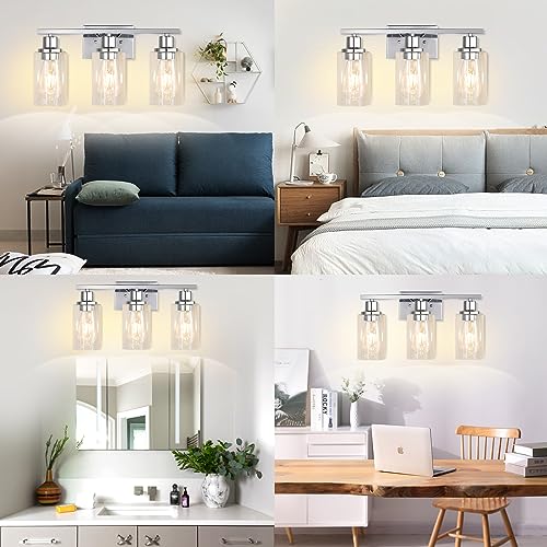 3 Light Vanity Light Fixtures, Polished Chrome Bathroom Wall Sconces, Modern Wall Lights with Clear Glass Shades, Bathroom Wall Lamp over Mirror Kitchen Bedroom Living Room Hallway Cabinet Porch - color: Chrome