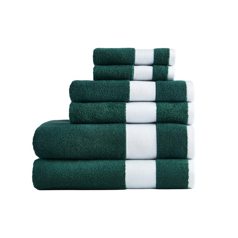 Lacoste Sport Stripe 6-Piece Luxury Cotton Towel Set – Made with 100% Soft Supima Cotton, Absorbent & Quick-Drying, Includes 2 Bath Towels, 2 Hand Towels, 2 Washcloths, Croc Green - color: Croc Green