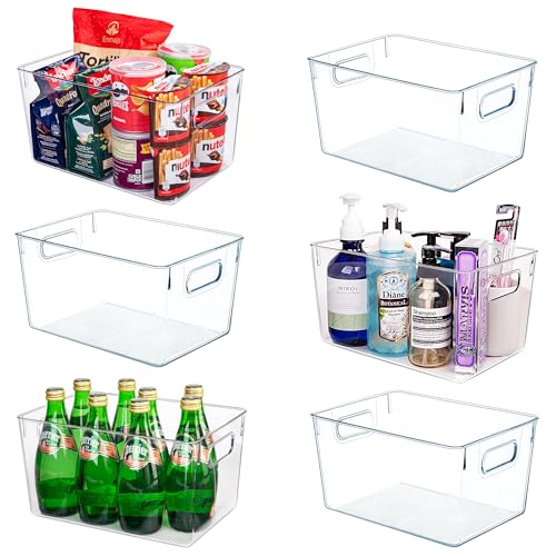 6 Pack Large Clear Plastic Storage Bins, Kitchen &Pantry Organizer | Heavy-duty 450g BPA-free PETG containers with handles for fridge, under-sink, bathroom, office, closet, and garage storage - size: 6 Large & 0 Small