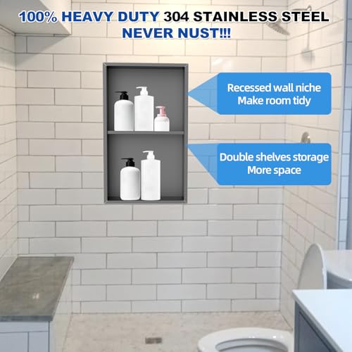 304 Stainless Steel Shower Niche Insert-24 x 12" No Tile Needed Bathroom Niche for Shower Wall-Double Shelves Built in Shower Shelf-Waterproof Recessed Cabinet for Bathroom Living Room Study Kitchen