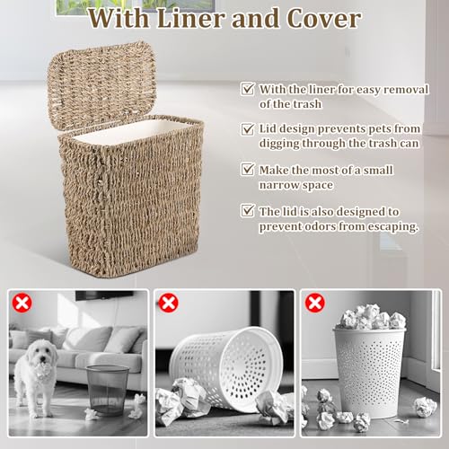 Wicker Waste Basket with Lid and Liner, Woven Seagrass Trash Can, Bathroom Trash Can, Boho Garbage Wastebasket for Bedroom Home Living Room Office Kitchen, 2.5 Gallon - color: Seagrass