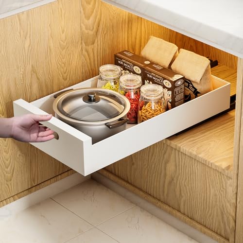 HBL' 1 Pack | 21" Deep Pull Out Cabinet Organizer Adhesive, 12-Inch Wide Sturdy Carbon Steel Roll-Out Drawers, Designed for Frameless Cabinets, Slide-Out Shelves for Pantry. - size: 21"D x 12.0"W x 3.1"H