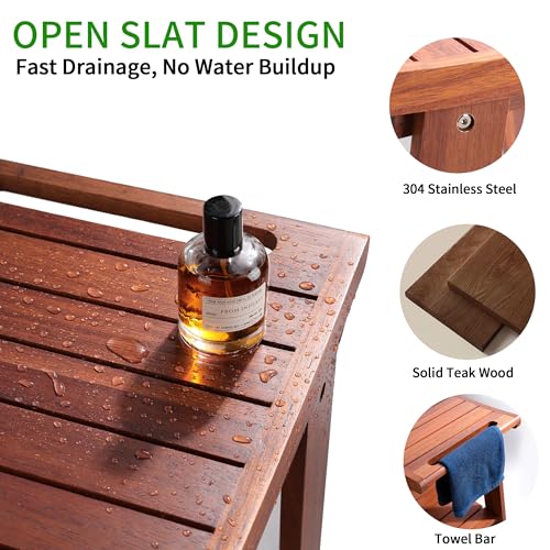KEGII Teak Shower Bench with Shelf & Handle, Solid Teak Wood Shower Stool for Shaving Legs, Easy Assembly Shower Seat Chair for Shower Storage Shelf, 300lb Capacity (15.75'' 2-Tier)