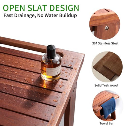 KEGII Teak Shower Bench with Shelf & Handle, Solid Teak Wood Shower Stool for Shaving Legs, Easy Assembly Shower Seat Chair for Shower Storage Shelf, 300lb Capacity (15.75'' 2-Tier)