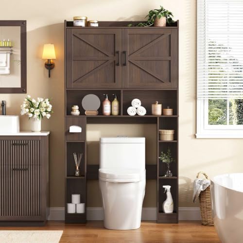 Halitaa Over The Toilet Storage Cabinet with 2 Barn Doors,Espresso | Toilet Cabinet Rack, Space Saving Bathroom Organizer with Shelves, Toilet Paper Holder and Towel Rack for Bathroom,Laundry. - color: Espresso, style: 2 Barn Doors