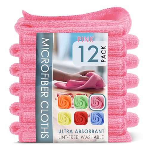 Hearth & Harbor Microfiber Cleaning Cloths, 12 Pack Pink Reusable Towels, Lint Free - color: Pink, size: 12"x12", style: 12 Pack