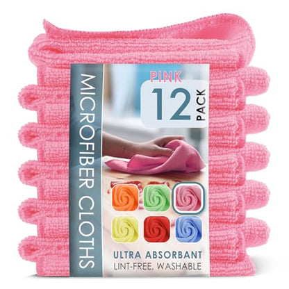Hearth & Harbor Microfiber Cleaning Cloths, 12 Pack Pink Reusable Towels, Lint Free - color: Pink, size: 12"x12", style: 12 Pack