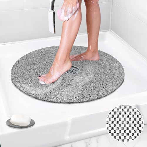 Shower Mat Non Slip: 31 Inch Diameter Extra Large Round Shower Mats with Drain Hole in Middle - Soft Loofah Great Drainage Shower Stall Matt for Inside Shower - color: Grey, size: 31" (Round)