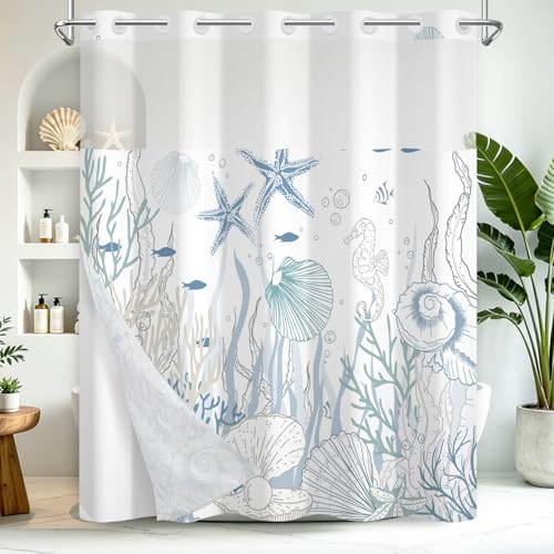No Hook Shower Curtain Set with Detachable Snap in Liner, Waterproof Summer Shower Curtain with Ventilation Top Window and Weighted Hem, Ocean Theme Coastal Shower Curtains for Bathroom, 71x74 Inches - color: Calm Ocean