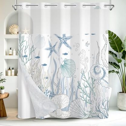 No Hook Shower Curtain Set with Detachable Snap in Liner, Waterproof Summer Shower Curtain with Ventilation Top Window and Weighted Hem, Ocean Theme Coastal Shower Curtains for Bathroom, 71x74 Inches - color: Calm Ocean
