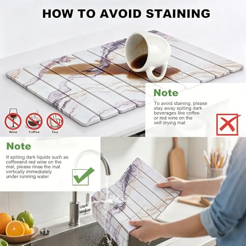 Stone Drying Mat for Kitchen Counter, Quick Diatomaceous Earth Mats for Dishes, 24"L x 16" W Super Absorbent Fast-Drying Collapsible Countertop Stone Mat (Marble White-06, 24" x 16") - color: Marble White-06