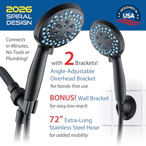 AquaCare New 8-mode High Pressure Handheld Shower Head w/ 2-way Power Wash | Stay Clean Nozzles, Dual Power Wash for Tub, Tile & Pets, Long 6 ft. Stainless Steel Hose, Wall & Overhead Brackets / Black - color: Black