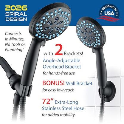 AquaCare New 8-mode High Pressure Handheld Shower Head w/ 2-way Power Wash | Stay Clean Nozzles, Dual Power Wash for Tub, Tile & Pets, Long 6 ft. Stainless Steel Hose, Wall & Overhead Brackets / Black - color: Black