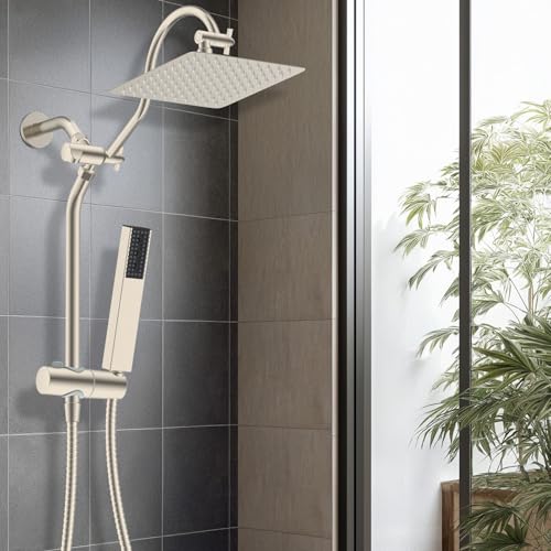 Hibbent 10'' Rainfall Showerhead with 4-mode Handheld Spray, Brushed Nickel | cUPC Certified High Pressure Showerhead Combo, 12'' Adjustable Extension Arm, Extension Bar, Easy Reach Holder, 71'' Hose - color: Brushed Nickel, style: Square 10''