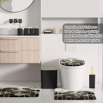 XLHOMO Bathroom Set - 26PC Bathroom Set with Shower Curtain and Rugs, Bathroom Accessory Set, Black Bathroom Accessories Set, Trash Can & Soap Dispenser - style: Black&Gold