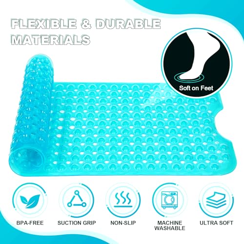 Bathtub and Shower Mats, 40x16 Inch Extra Large Non Slip Soft Bath Tub Mat with Suction Cups and Drain Holes for Bathroom Floor and Keep Tubs Clean, Machine Washable, Clear Turquoise - color: Clear Turquoise