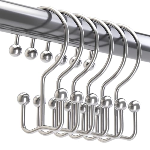 Titanker Shower Curtain Hooks Rings, Rust Resistant Metal Minimalist Simple Double Glide Shower Hooks Rings for Bathroom Shower Rods Curtains, Set of 12 Hooks - Chrome - color: Chrome, style: Minimalist