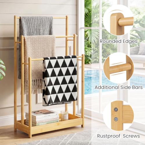 Giantex 3 Tier Free Standing Bamboo Towel Rack with Storage Shelf, Natural | Bath Towel Drying Stand, Blanket Holder for Living Room, Laundry, Bathroom, Poolside, 18" L x 9" W x 34" H - color: Natural