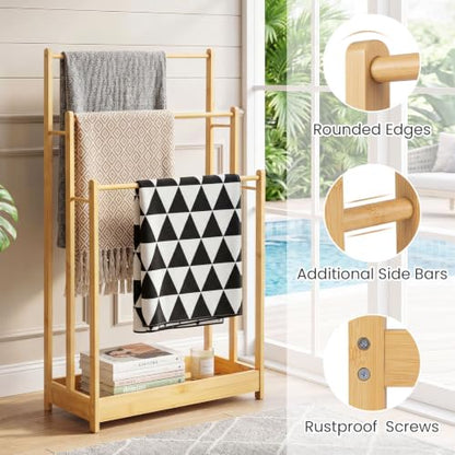 Giantex 3 Tier Free Standing Bamboo Towel Rack with Storage Shelf, Natural | Bath Towel Drying Stand, Blanket Holder for Living Room, Laundry, Bathroom, Poolside, 18" L x 9" W x 34" H - color: Natural