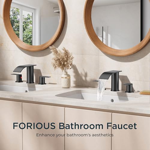 FORIOUS Bathroom Faucet 3 Hole 8 Inch Widespread Waterfall Matte Black | Bathroom Sink Faucet with Pop-up Drain and 24" Supply Lines, Two Handles, for Vanity Laundry Farmhouse School and Restroom - color: Matte Black