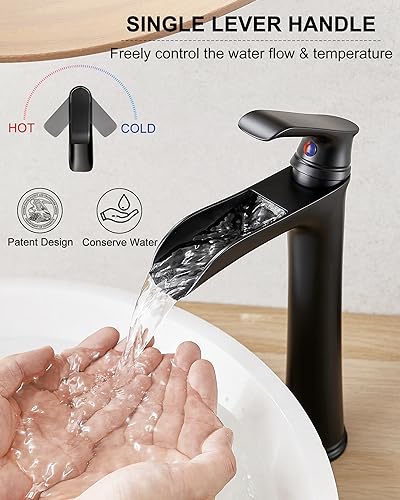 Waterfall Bathroom Sink Faucet, Brass Tall Black Bathroom Faucet Single Handle Vessel Faucet, Bathroom Faucets One Hole Mixer Bowl Tap with Pop-Up Drain Water Hoses for Vanity Lavatory Farmhouse - color: Matte Black