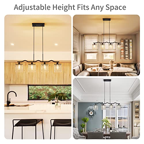 WUZUPS Crystal Chandelier 4-Light Linear Raindrop Pendant Ceiling Light Modern Lighting Fixture for Bedroom Dinning Room Bar Kitchen Island, H8.7'' W4.7'' L30.5, E12 Base, Black - color: Black Pendnat Light