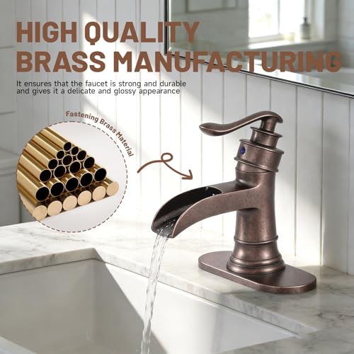 Bathroom Sink Faucet Waterfall Bath Faucets with Pop Up Drain Stopper | Antique Copper,Single Handle Single Hole, Commercial Rustic Farmhouse Vanity Sink,with Supply Lines Hose By Bathfinesse - color: Copper