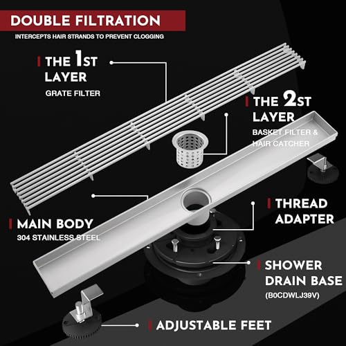 Linear Shower Drain, 24 inch Brushed Nickel | Including Hair Catcher and Removable Grate, 304 Stainless Steel, Easy to Install and Clean (Drain Base Not Included) - color: Brushed Nickel, size: 24 inch