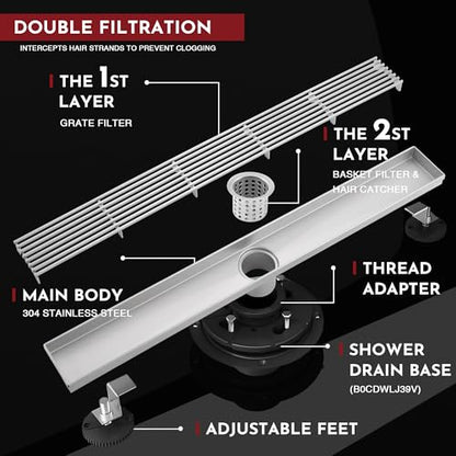 Linear Shower Drain, 24 inch Brushed Nickel | Including Hair Catcher and Removable Grate, 304 Stainless Steel, Easy to Install and Clean (Drain Base Not Included) - color: Brushed Nickel, size: 24 inch