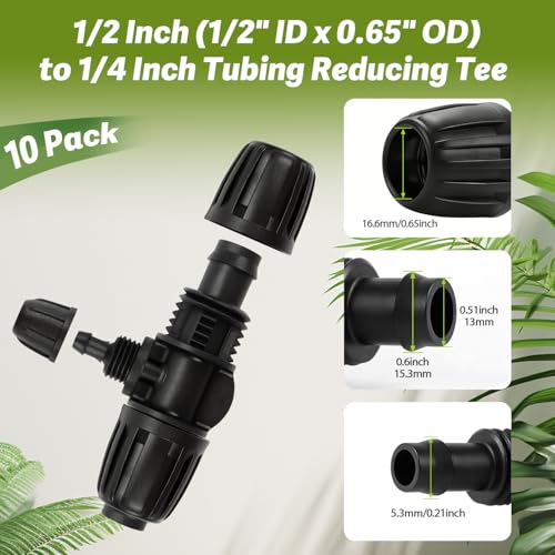 10 Pack 1/2" To 1/4" Drip Irrigation Fittings, 1/2 Inch (1/2" ID x 0.6-0.65" OD) Drip Line to 1/4 Inch Irrigation Tubing Barbed Adapter Anti-Drop Locked Nut Barbed Reducer 3 Way Tee Connectors - size: 1/2" to 1/4" 3-way-10P