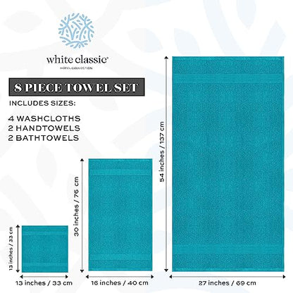 White Classic Luxury Bath Towel Set of 8 Pieces - 100% Turkish Cotton Highly Absorbent Towels for Bathroom, 2 Luxury Bath Towels 700GSM, 2 Hand Towels, 4 Washcloths, Aqua - color: 13: Aqua