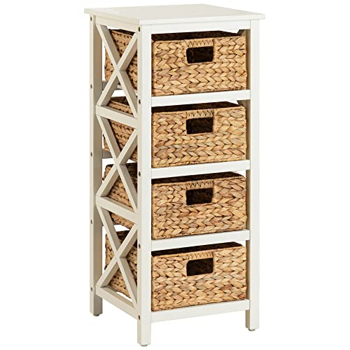 4 Tier X-Side End Storage Cabinet, White | 4 Wicker Baskets, End Table, Side Table - color: White, size: 14"D x 14"W x 32.1"H (4 Drawers)