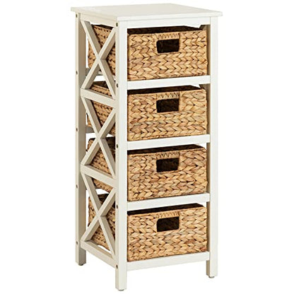 4 Tier X-Side End Storage Cabinet, White | 4 Wicker Baskets, End Table, Side Table - color: White, size: 14"D x 14"W x 32.1"H (4 Drawers)