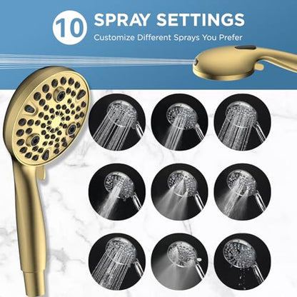 Dual Handheld Shower Head Combo, 2-in-1 Rain Shower Heads System 8 Inch Rainfall Shower Head and 10 Modes High Pressure Hand Held Showerhead with Built-in Power Wash - color: Gold, size: 8 Inch Standard