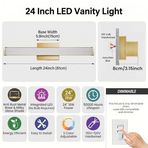 URSOLA 24" Modern LED Bathroom Light Fixtures, Golden 3CCT Dimmable Bathroom Vanity Light Over Mirror, Bathroom Vanity Bath Bar Lights with Double Layer Acrylic Shade - color: Golden, size: 24inch