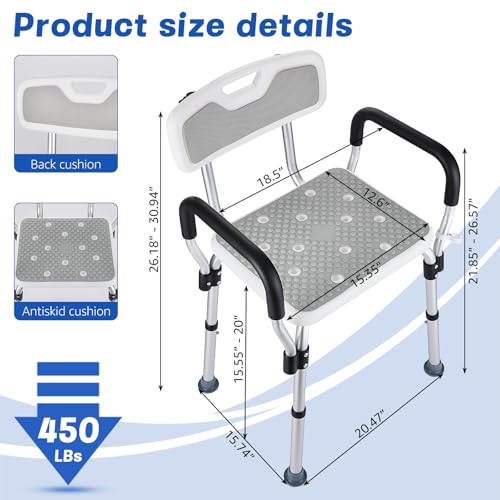 Shower Chair for Elderly and Disabled Inside Shower | Shower Seat for Inside Tub 450 LB Heavy Duty, Shower Chair with Arms and Back - color: Gray