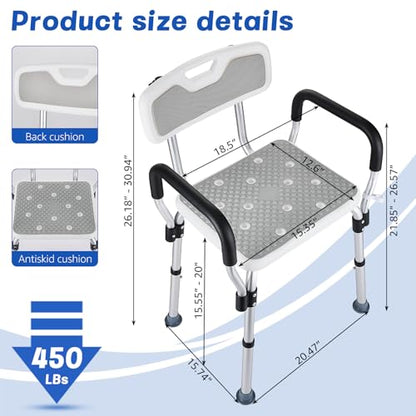 Shower Chair for Elderly and Disabled Inside Shower | Shower Seat for Inside Tub 450 LB Heavy Duty, Shower Chair with Arms and Back - color: Gray