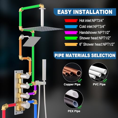Enga Thermostatic Dual Head Shower System, 16" + 6" Dual Rainfall Shower System (Can All Run Together & Volume Adjustable) Dual Shower Head Combo Set, Brushed Nickel - color: Brushed Nickel, style: ‎16"+6" Head