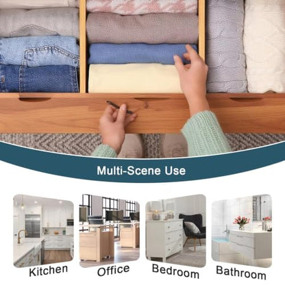 Lzerking Bamboo Drawer Dividers 4.65" High, Adjustable Dresser Drawer Organizers, 12-17.5" Expandable Deep Kitchen Drawer Divider for Dresser, Closet, Kitchen, Bedroom, Bathroom, 6 Pack
