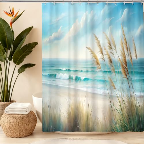 Ocean Sea Beach Shower Curtain, Coastal Sandy Shower Curtains for Bathroom, Light Blue Nature Blossom Waterproof Polyester Fabric Shower Curtain Set with Hooks, Standard Size 72 x 72 inches - color: Light Blue