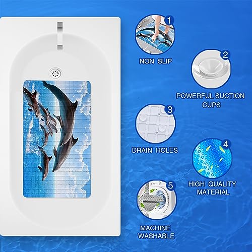 Dolphins Bathtub Mat Non Slip for Kids Cute Dolphins Bath mat 15"x27",Jumping Dolphins Bathroom Bathtub Mats,Drain Holes Suction Cups, Washable Shower Mat Anti Slip,Jumping Dolphins - color: Jumping Dolphins