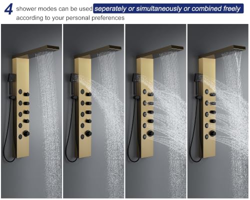 ROVATE 4-in-1 Rainfall Waterfall Shower Panel Tower System, Brushed Gold | Shower Column with Body Massage Jets and Handheld, Stainless Steel High Pressure, Use Multiple Functions Simultaneously - color: Brushed Gold